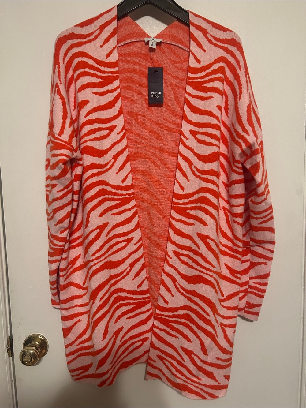 crown & ivy Open-Front Zebra Print Cardigan - Pink & Orange